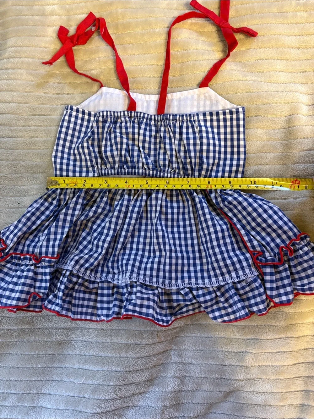 Blue Gingham Dog Dress with Red Trim and Bow